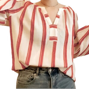 GAP Pullover Top Long Sleeve Split V Neck Striped Red White Women Size M